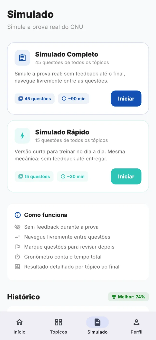 Tela de simulados com as opções completo e rápido