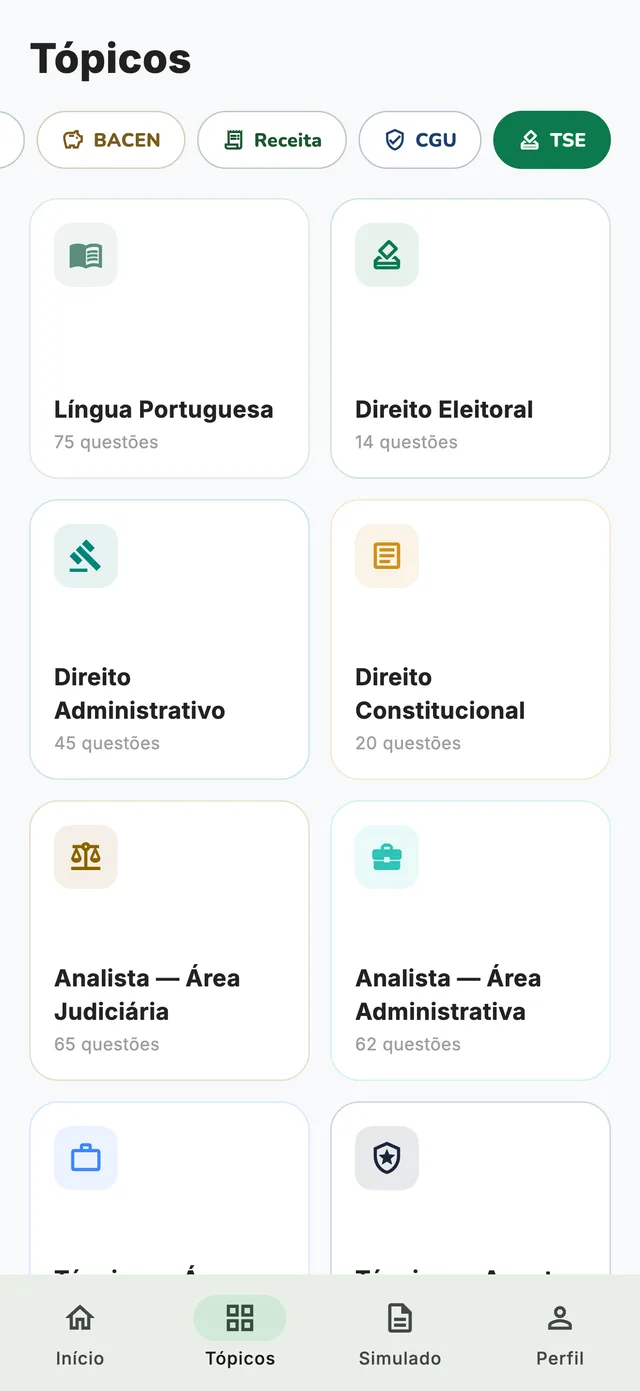 Tela de tópicos do TSE Unificado, com disciplinas e cargos